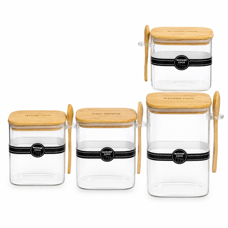 بانکه پیرکس مادام کوکو با درب بامبو مجموعه ۴ عددی